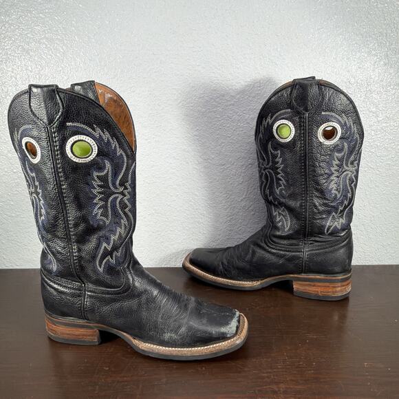 Texas Country Western Cowboy Rodeo Mens US 8 Black Leather Blue Stitched Boots